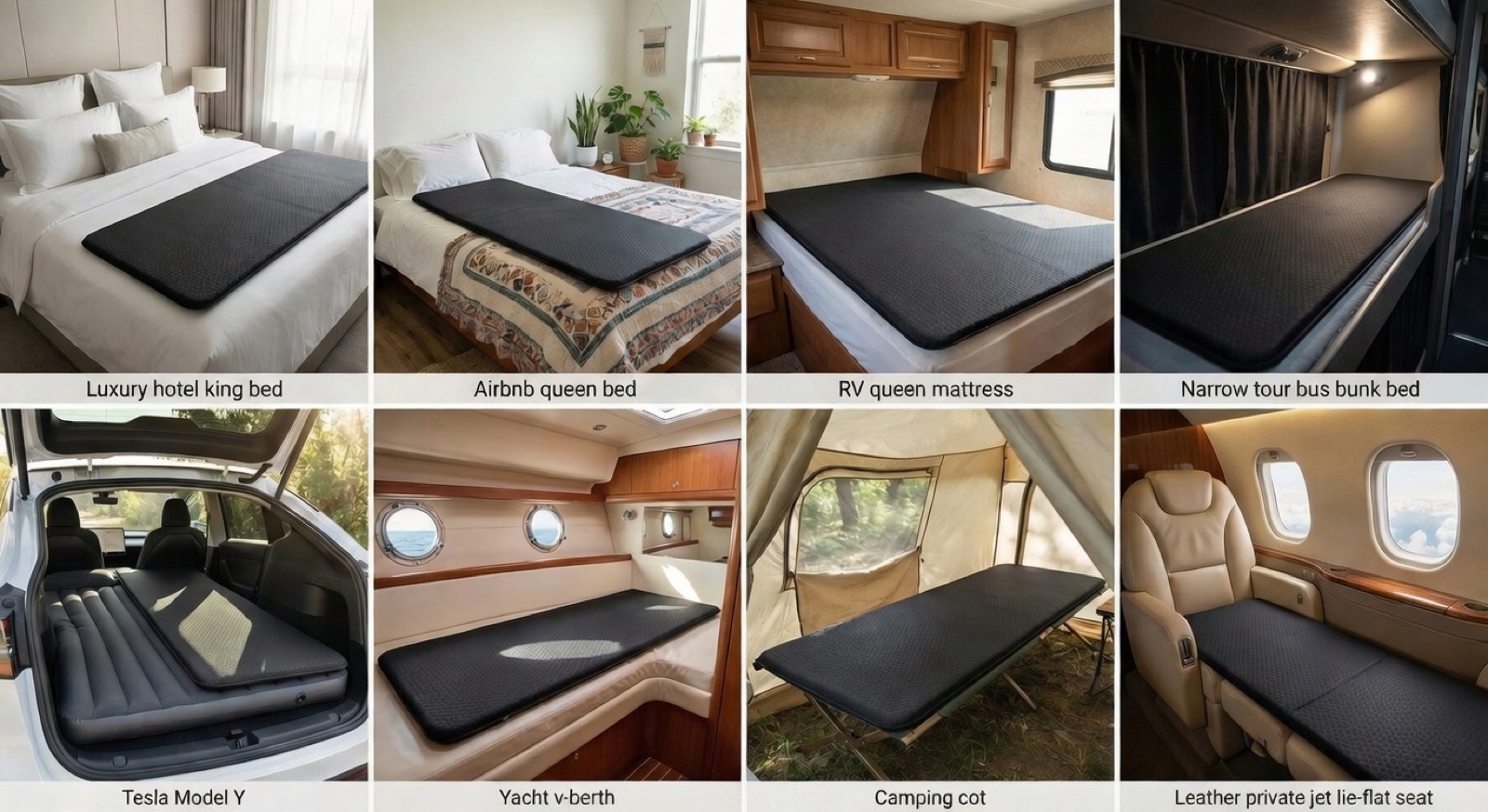 Eight travel environments: hotel, Airbnb, RV, tour bus, Tesla Model Y, yacht, camping, and private jet